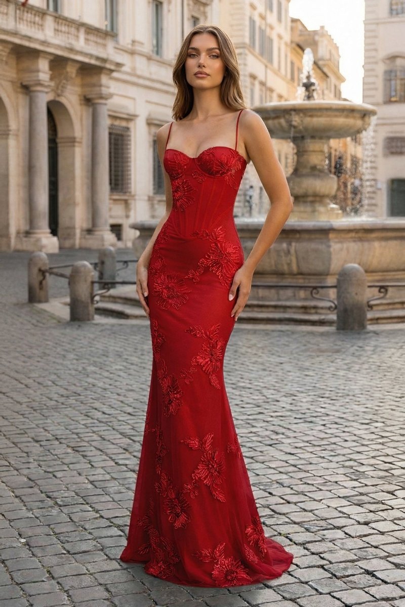 Yellow Spaghetti Straps Sheath Long Formal Prom Gown With Floral Embroidery