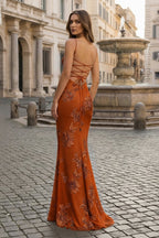 Yellow Spaghetti Straps Sheath Long Formal Prom Gown With Floral Embroidery