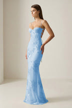 Yellow Spaghetti Straps Sheath Long Formal Prom Gown With Floral Embroidery