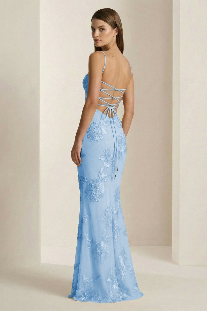 Yellow Spaghetti Straps Sheath Long Formal Prom Gown With Floral Embroidery