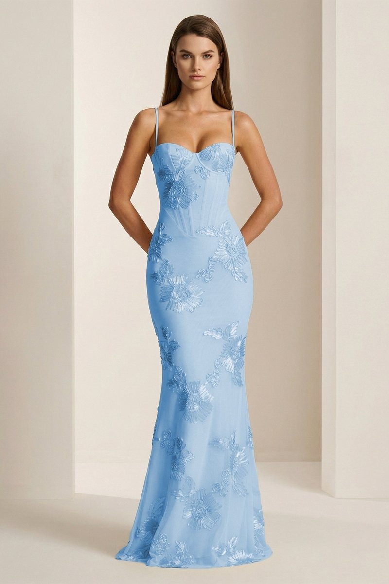 Yellow Spaghetti Straps Sheath Long Formal Prom Gown With Floral Embroidery
