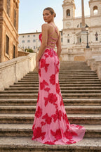 Yellow Spaghetti Straps Sheath Long Formal Prom Gown With Floral Embroidery