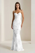 Yellow Spaghetti Straps Sheath Long Formal Prom Gown With Floral Embroidery