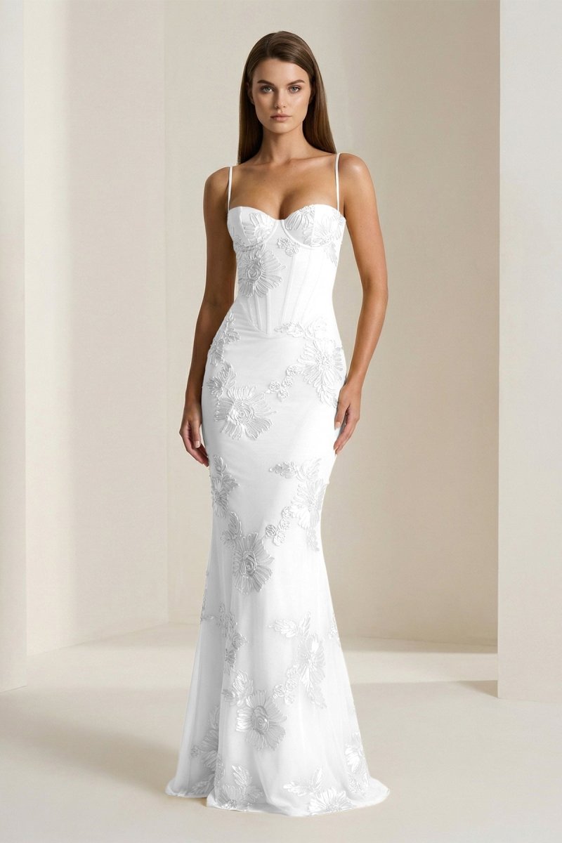 Yellow Spaghetti Straps Sheath Long Formal Prom Gown With Floral Embroidery
