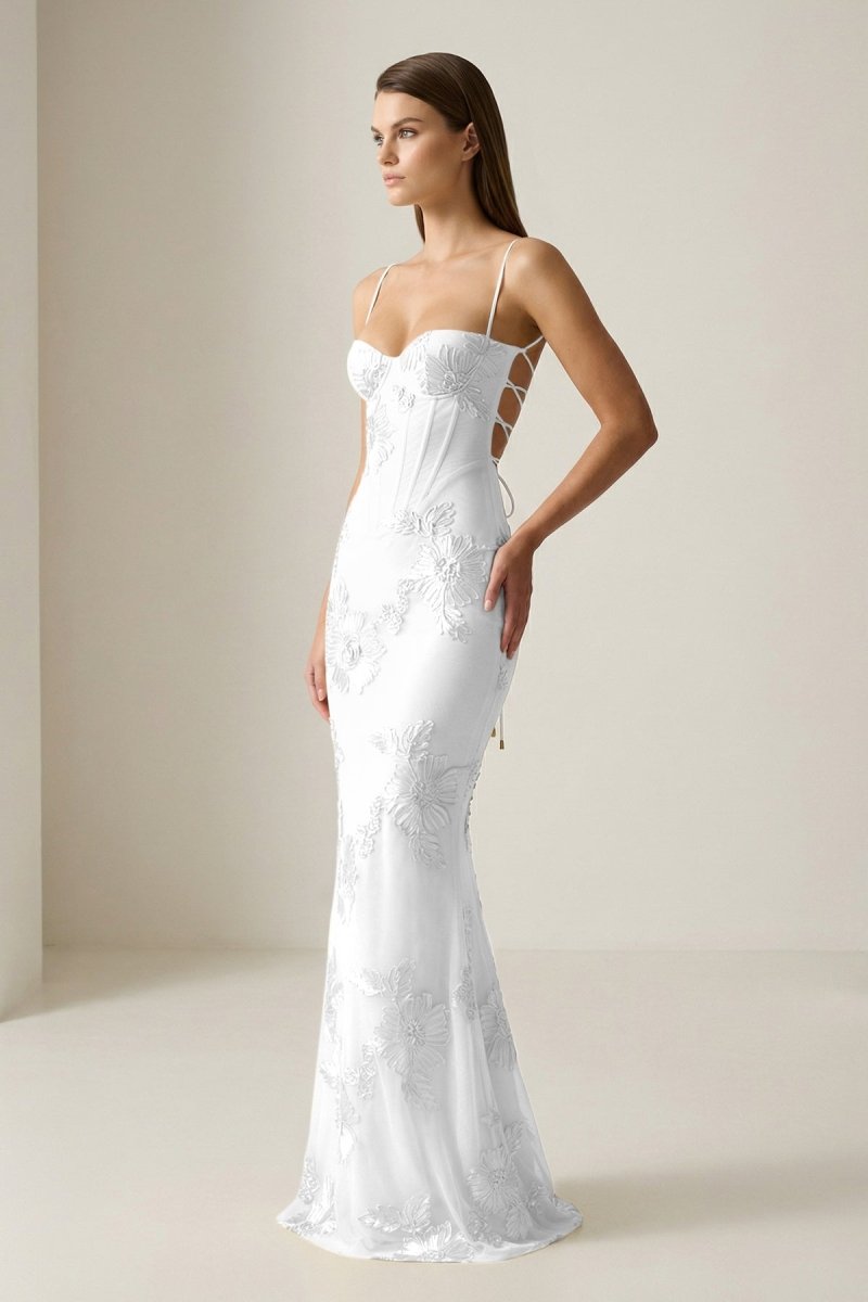 Yellow Spaghetti Straps Sheath Long Formal Prom Gown With Floral Embroidery