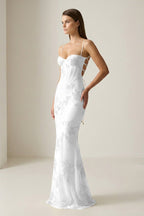 Yellow Spaghetti Straps Sheath Long Formal Prom Gown With Floral Embroidery