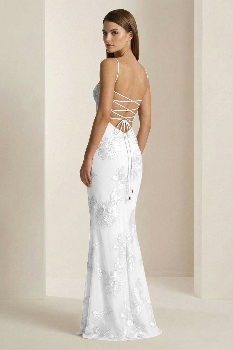 Yellow Spaghetti Straps Sheath Long Formal Prom Gown With Floral Embroidery