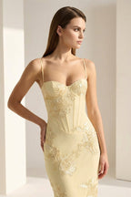 Yellow Spaghetti Straps Sheath Long Formal Prom Gown With Floral Embroidery