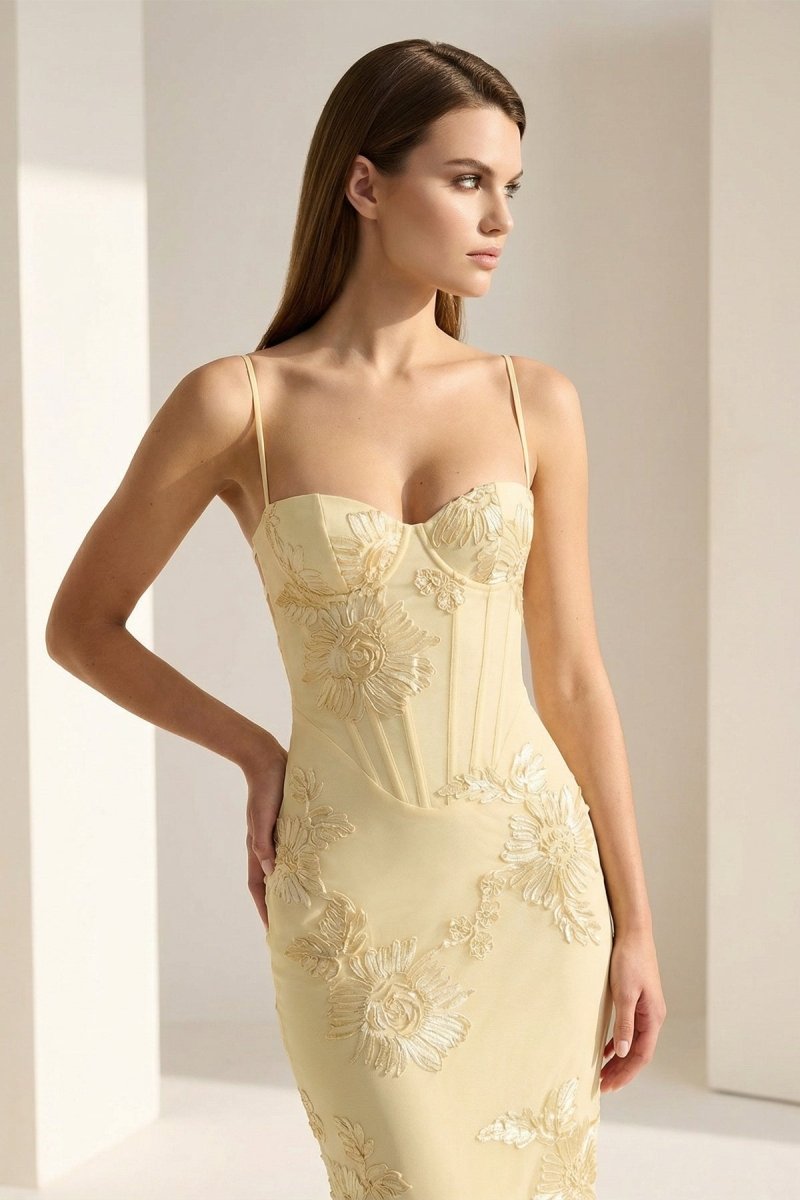 Yellow Spaghetti Straps Sheath Long Formal Prom Gown With Floral Embroidery