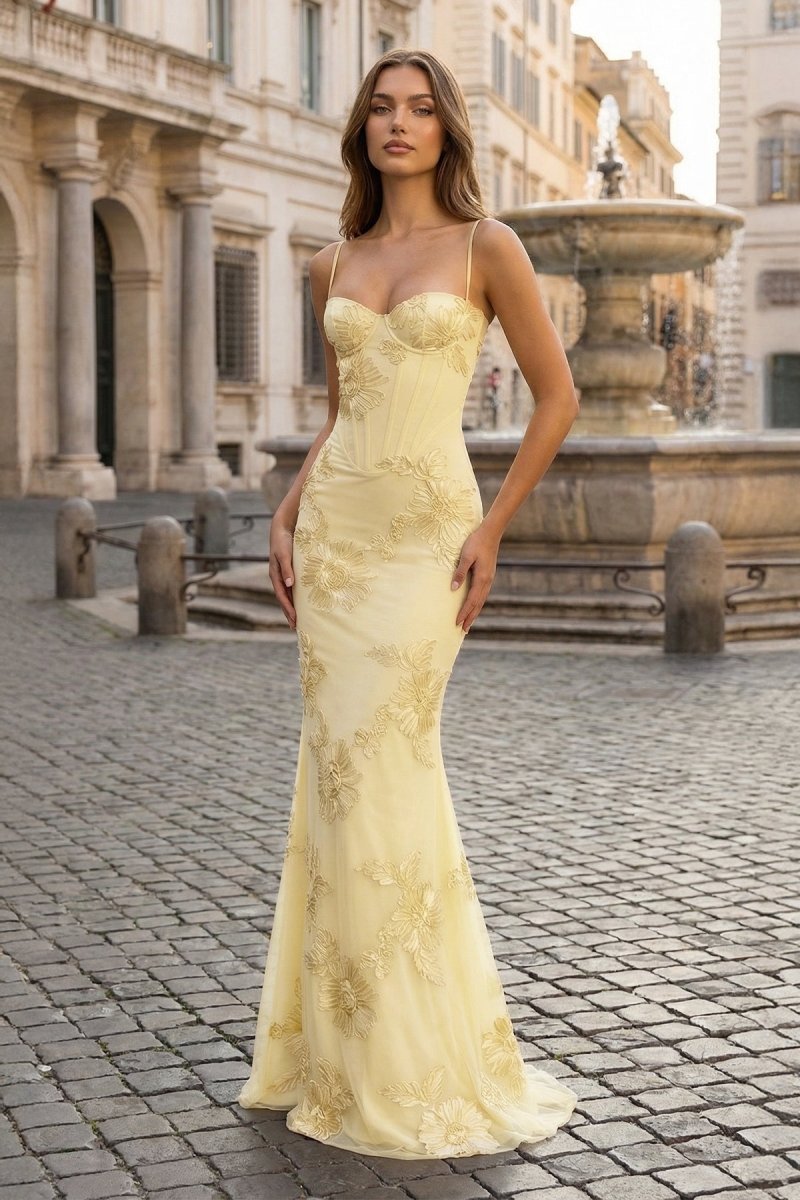 Yellow Spaghetti Straps Sheath Long Formal Prom Gown With Floral Embroidery
