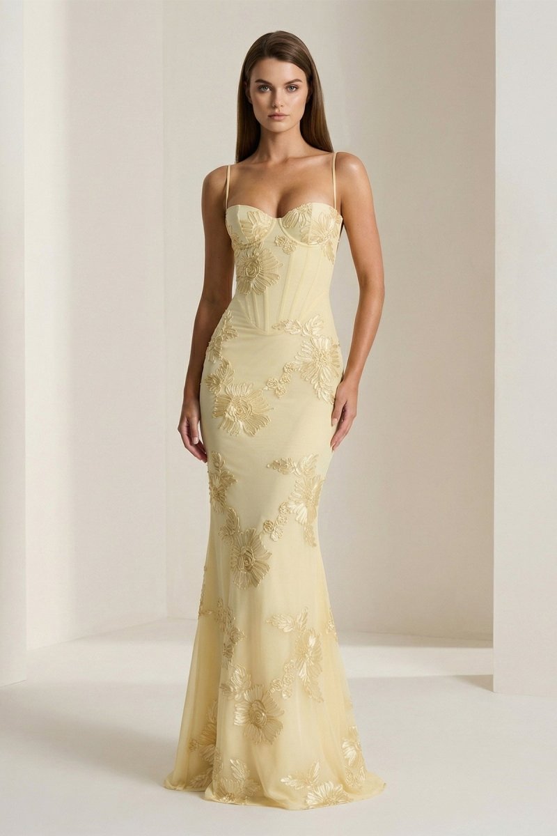 Yellow Spaghetti Straps Sheath Long Formal Prom Gown With Floral Embroidery