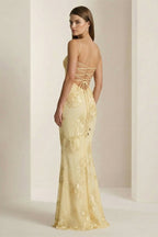 Yellow Spaghetti Straps Sheath Long Formal Prom Gown With Floral Embroidery