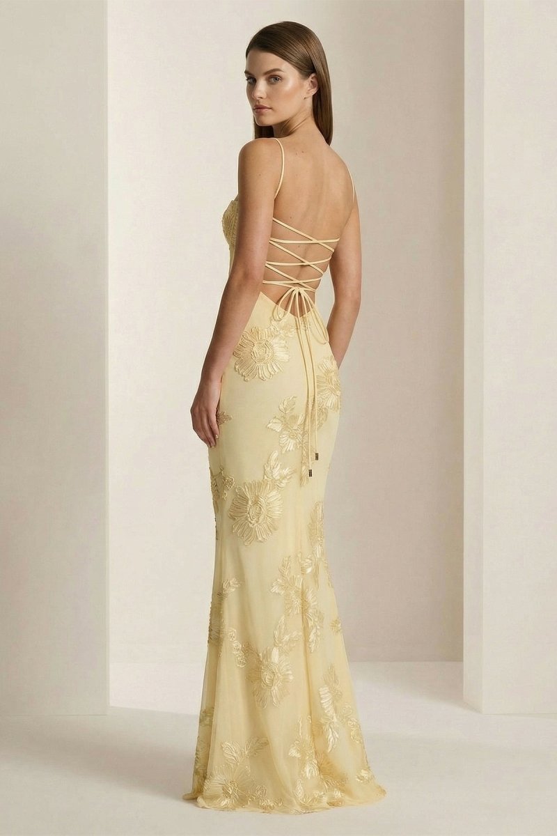 Yellow Spaghetti Straps Sheath Long Formal Prom Gown With Floral Embroidery