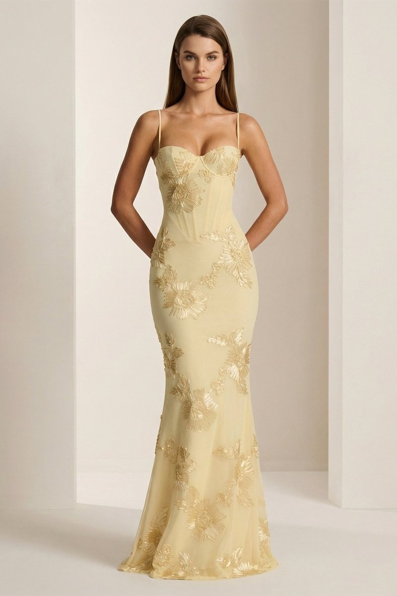 Yellow Spaghetti Straps Sheath Long Formal Prom Gown With Floral Embroidery