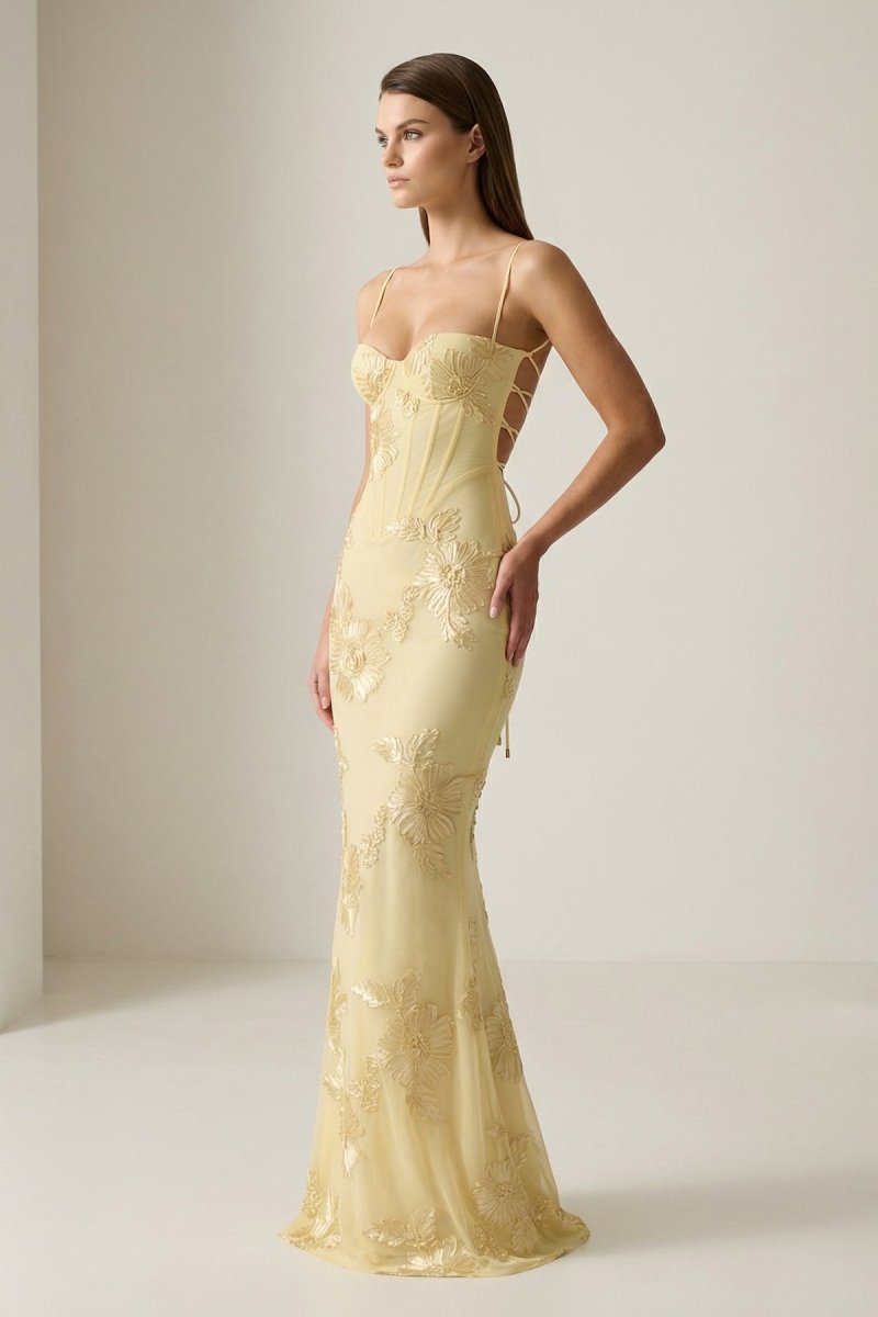 Yellow Spaghetti Straps Sheath Long Formal Prom Gown With Floral Embroidery