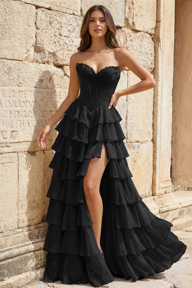 Strapless A-Line Ruffle Long Formal Prom Gown With Split