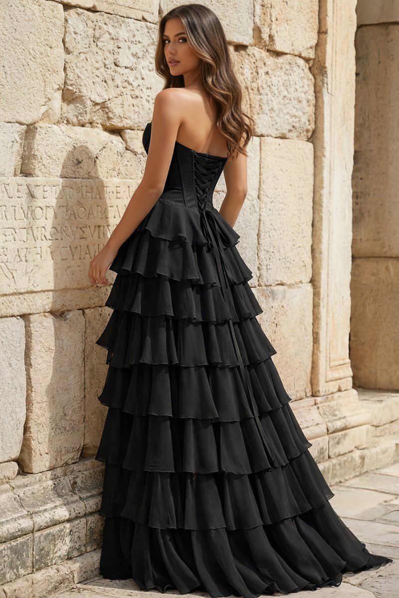 Strapless A-Line Ruffle Long Formal Prom Gown With Split
