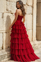 Strapless A-Line Ruffle Long Formal Prom Gown With Split