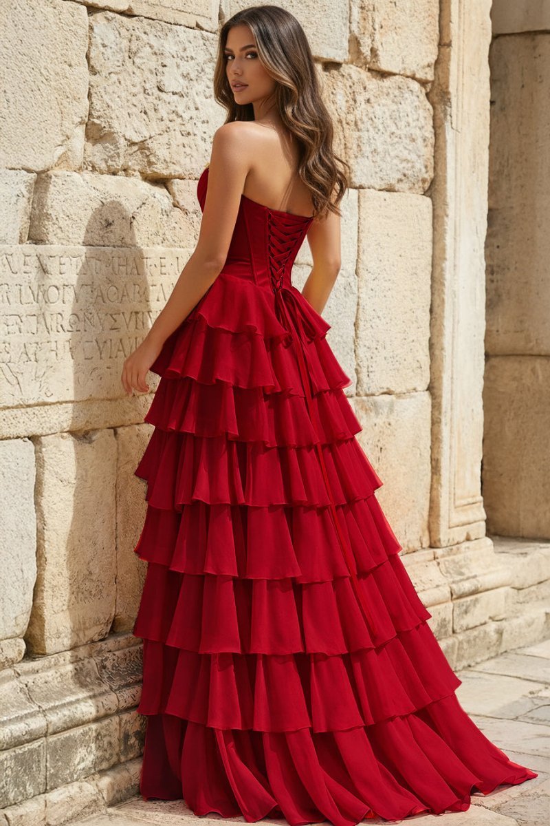 Strapless A-Line Ruffle Long Formal Prom Gown With Split