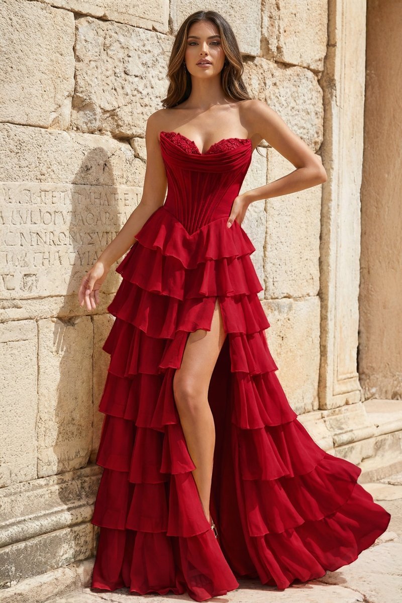Strapless A-Line Ruffle Long Formal Prom Gown With Split