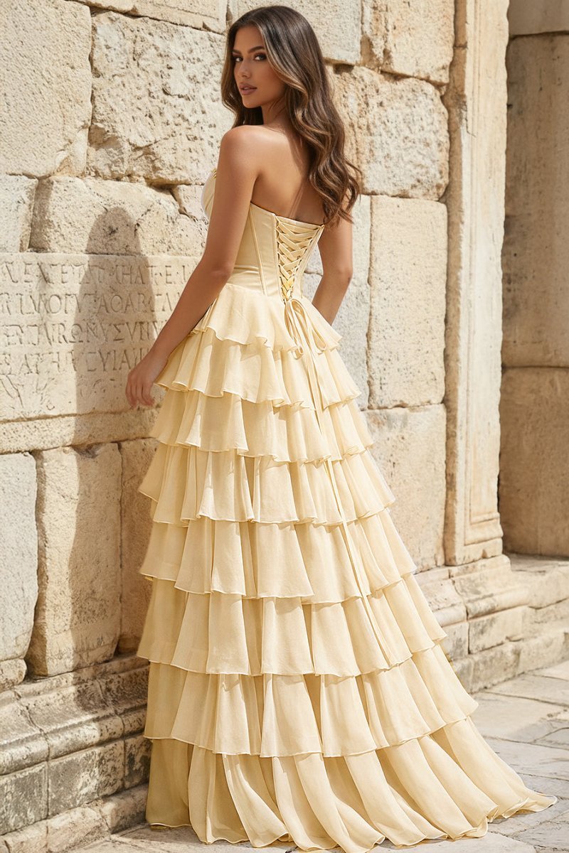 Strapless A-Line Ruffle Long Formal Prom Gown With Split