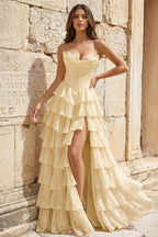 Strapless A-Line Ruffle Long Formal Prom Gown With Split