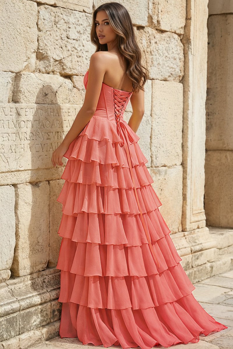 Strapless A-Line Ruffle Long Formal Prom Gown With Split