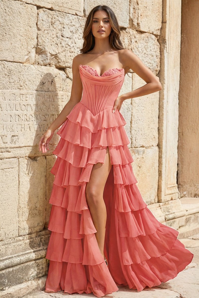 Strapless A-Line Ruffle Long Formal Prom Gown With Split