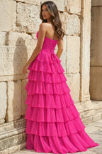 Strapless A-Line Ruffle Long Formal Prom Gown With Split