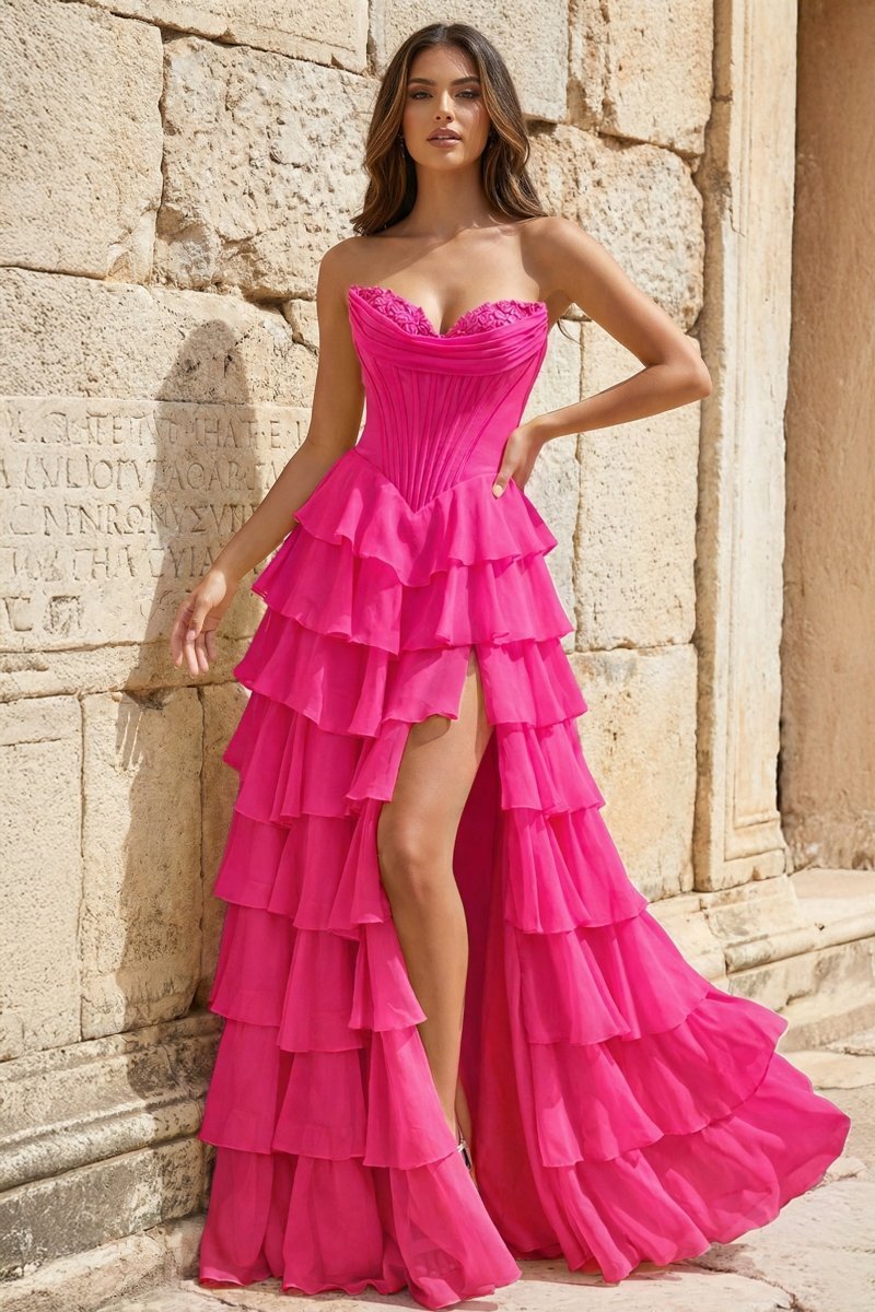 Strapless A-Line Ruffle Long Formal Prom Gown With Split