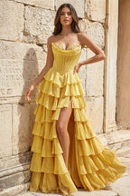 Strapless A-Line Ruffle Long Formal Prom Gown With Split