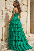 Strapless A-Line Ruffle Long Formal Prom Gown With Split