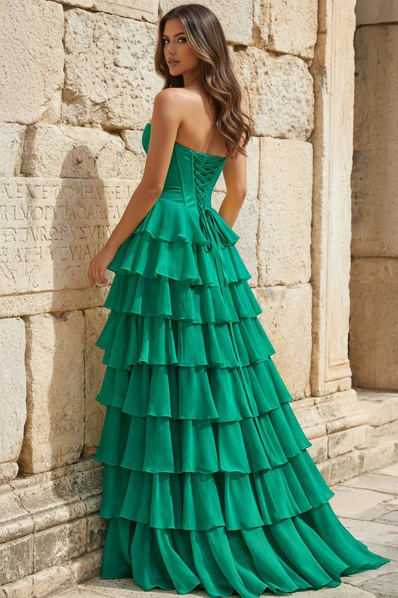 Strapless A-Line Ruffle Long Formal Prom Gown With Split