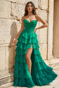 Strapless A-Line Ruffle Long Formal Prom Gown With Split