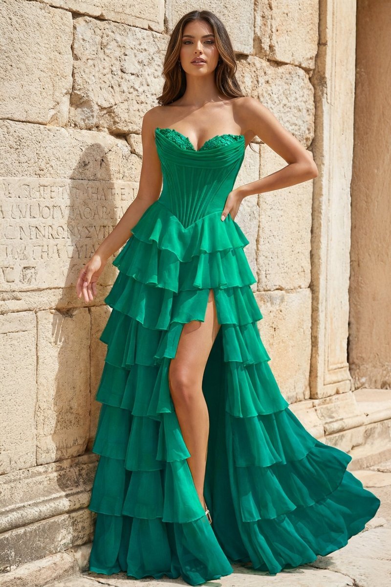 Strapless A-Line Ruffle Long Formal Prom Gown With Split
