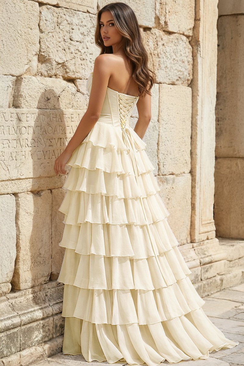 Strapless A-Line Ruffle Long Formal Prom Gown With Split