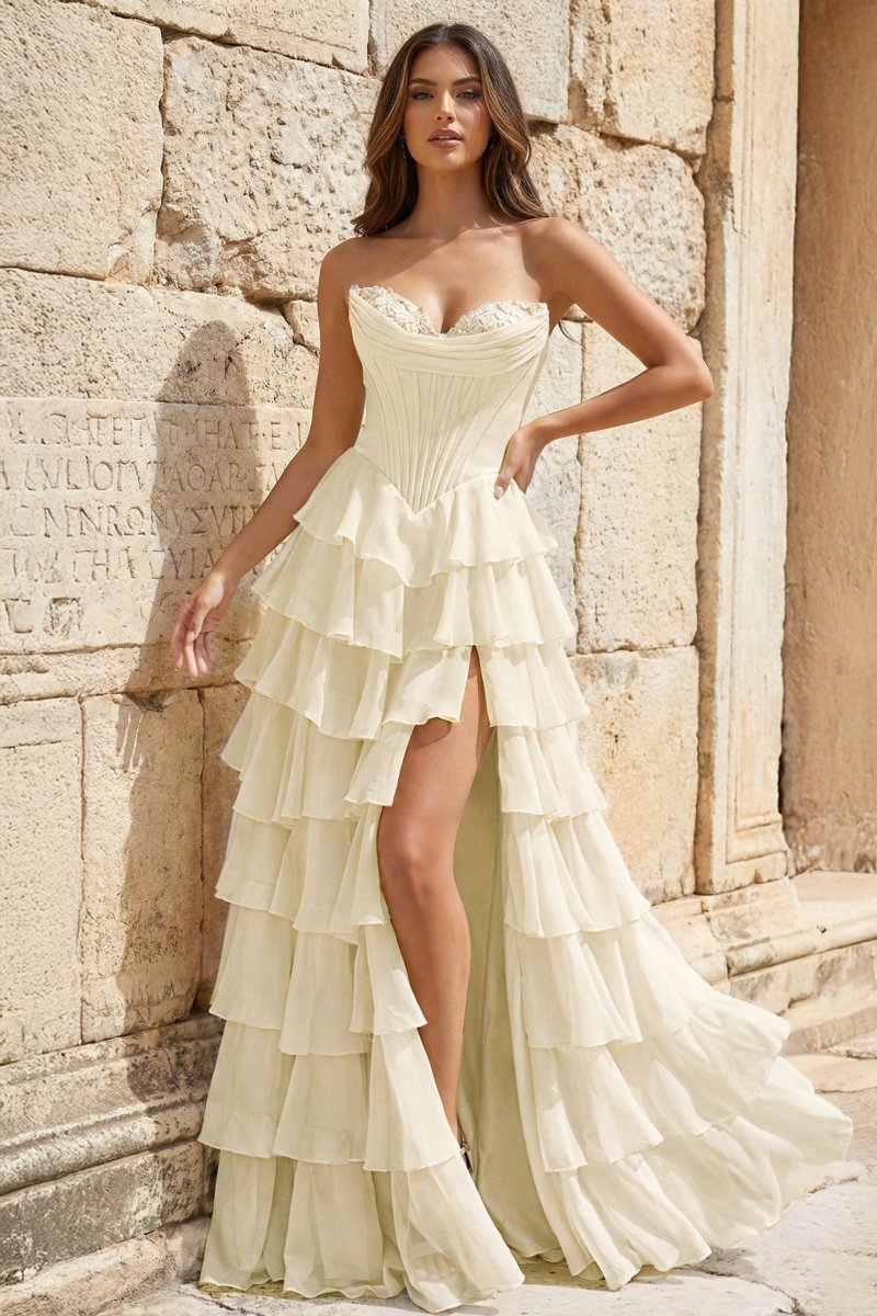 Strapless A-Line Ruffle Long Formal Prom Gown With Split