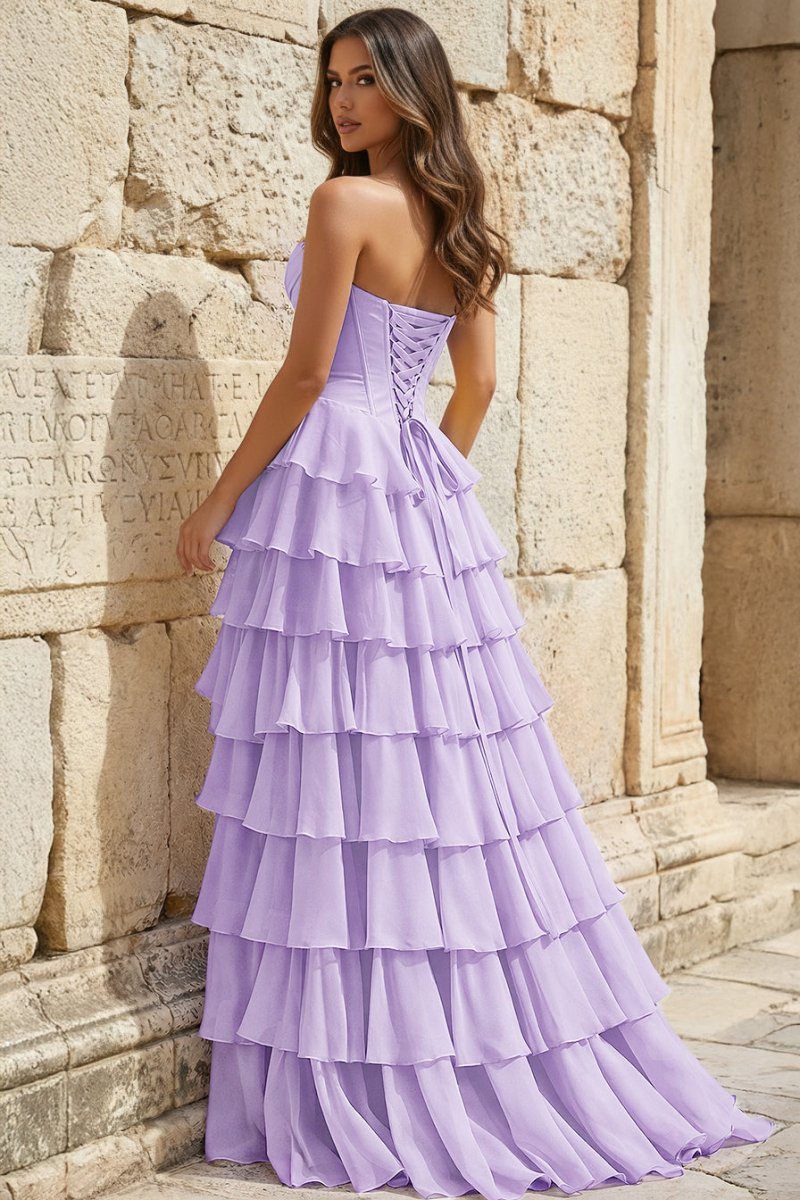 Strapless A-Line Ruffle Long Formal Prom Gown With Split