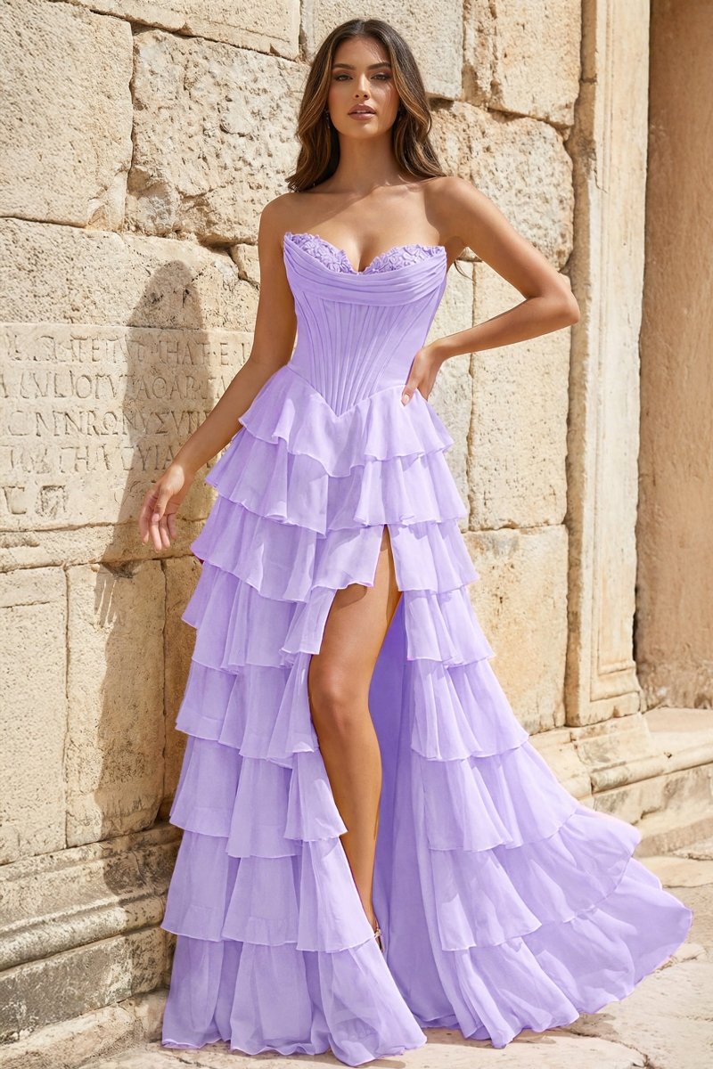 Strapless A-Line Ruffle Long Formal Prom Gown With Split