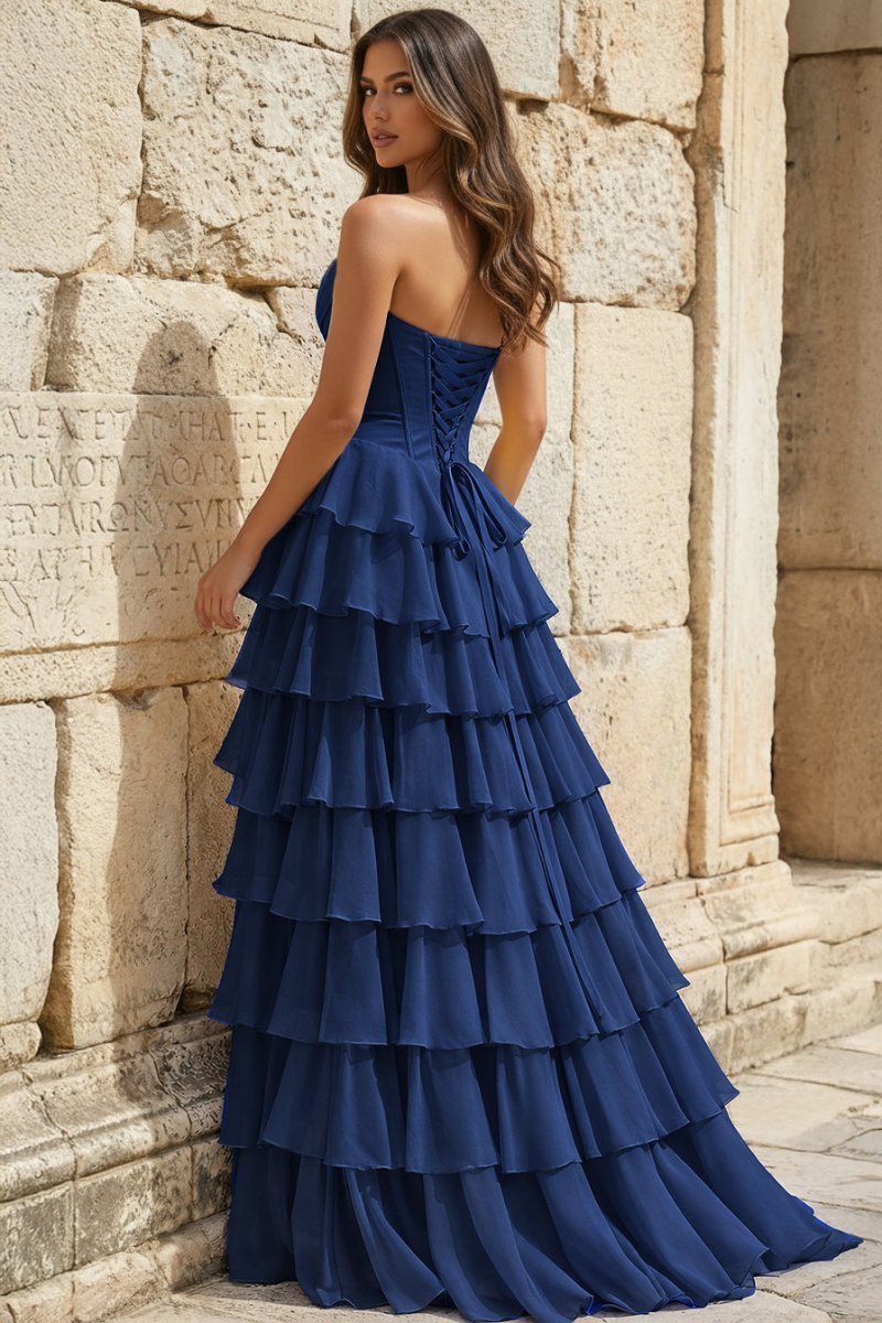 Strapless A-Line Ruffle Long Formal Prom Gown With Split