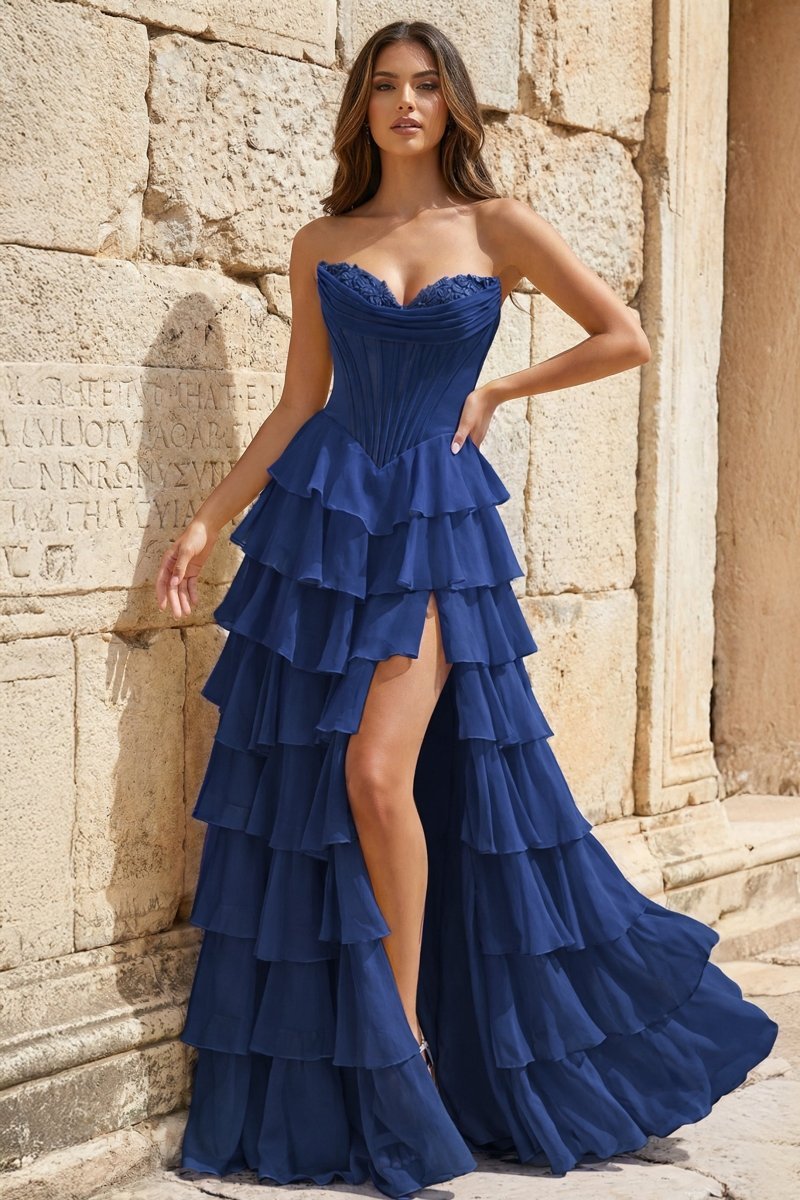 Strapless A-Line Ruffle Long Formal Prom Gown With Split