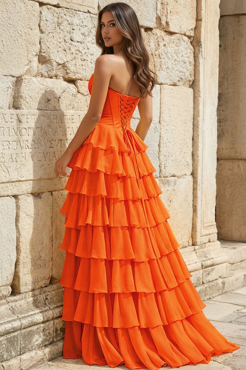 Strapless A-Line Ruffle Long Formal Prom Gown With Split