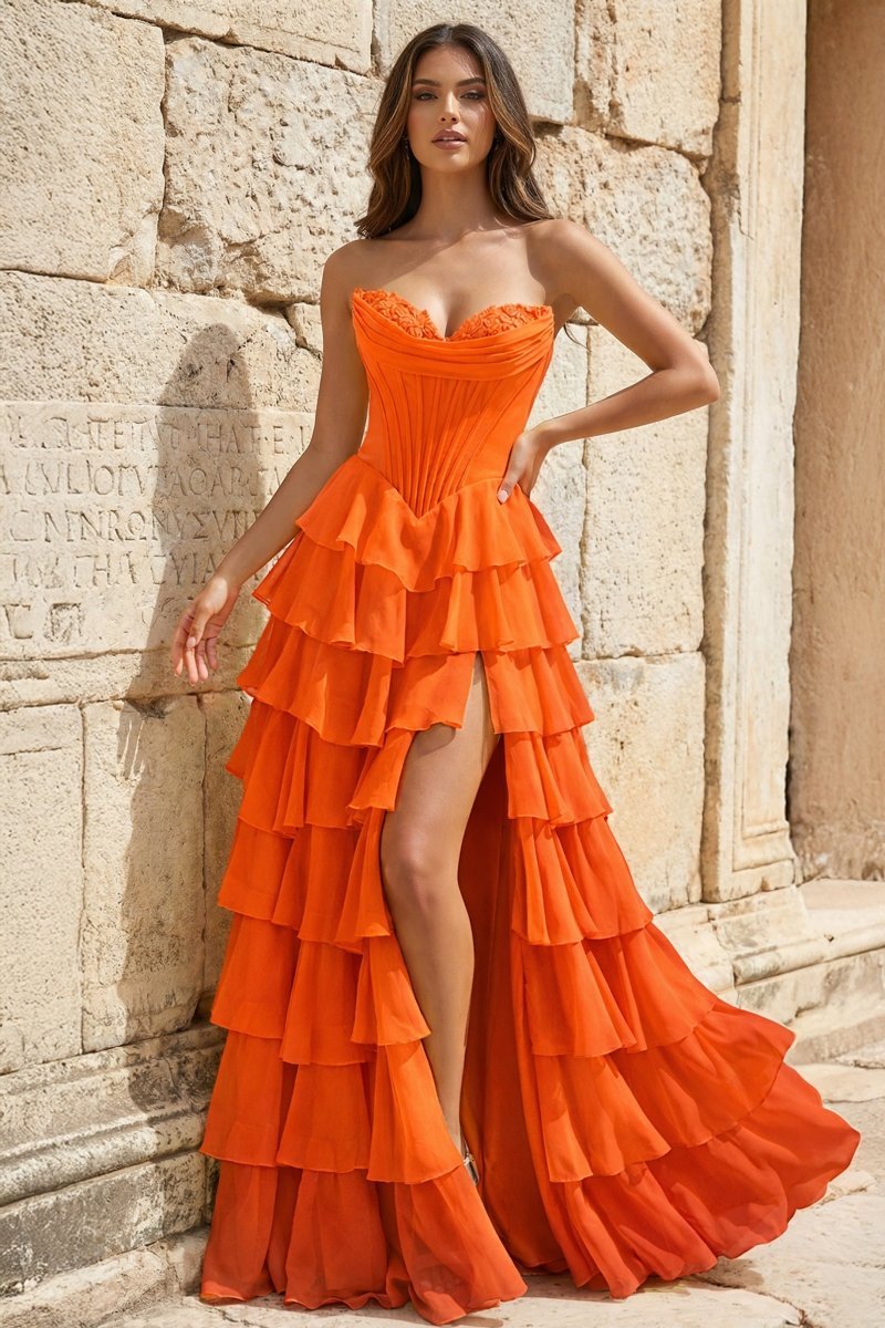 Strapless A-Line Ruffle Long Formal Prom Gown With Split
