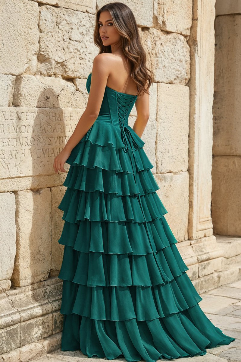 Strapless A-Line Ruffle Long Formal Prom Gown With Split