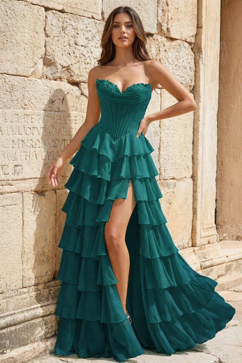 Strapless A-Line Ruffle Long Formal Prom Gown With Split