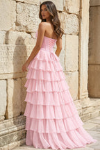 Strapless A-Line Ruffle Long Formal Prom Gown With Split