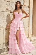 Strapless A-Line Ruffle Long Formal Prom Gown With Split