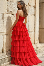 Strapless A-Line Ruffle Long Formal Prom Gown With Split