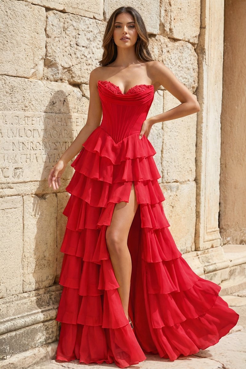 Strapless A-Line Ruffle Long Formal Prom Gown With Split