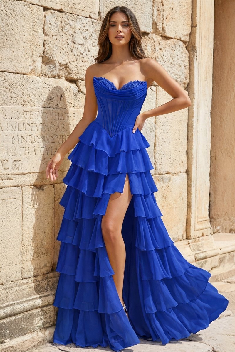 Strapless A-Line Ruffle Long Formal Prom Gown With Split